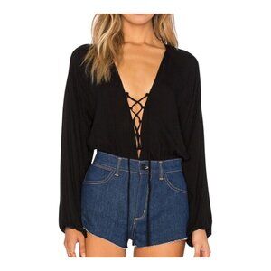 Lucca Couture Black Long Sleeve Lace Up Bodysuit Feminine Gothic Women's Large